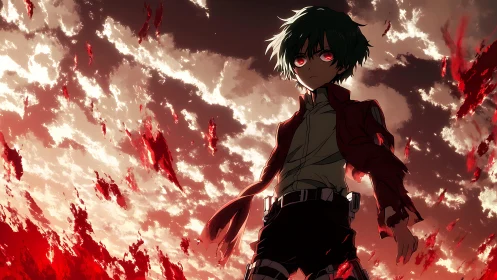 Storm-eyed hero beneath a sky of burning crimson clouds.