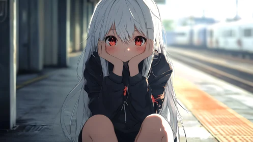 Melancholic anime girl waits alone on sunlit train platform