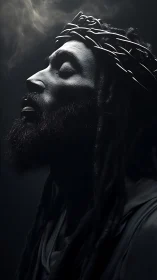 Side profile portrait shows crowned figure in low key light