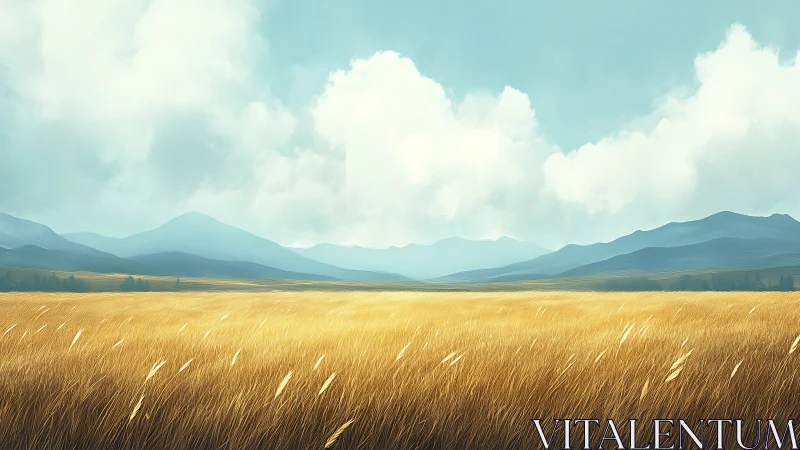 Golden grassland panorama with atmospheric mountain backdrop.
