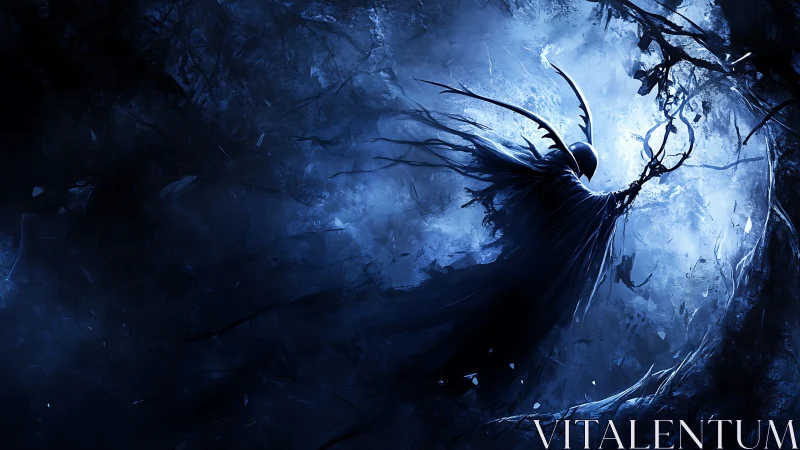 Shadowed reaper ascends through frozen blue vortex night.