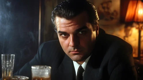 Serious man in dark suit seated in dimly lit bar.
