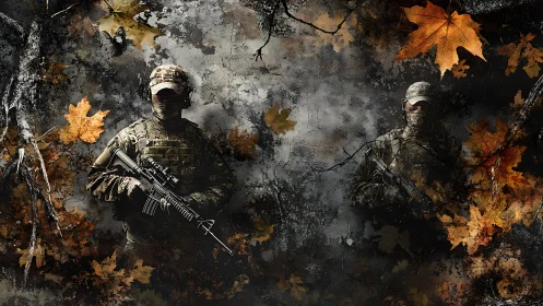Camouflaged soldiers emerge from autumn foliage in gritty compositing
