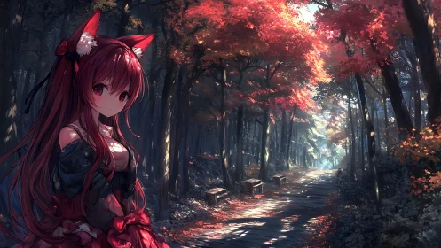 Fox-eared anime girl beside sunlit autumn forest path.