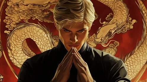 Strategic blonde tactician before coiling dragon mandala emblem.