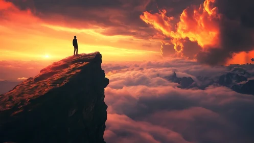 Solitary figure on cliff above clouds at vivid sunset.