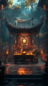 Lantern-lit forest shrine glowing in misty twilight.