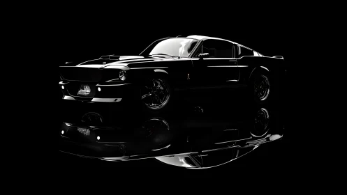 Midnight muscle car rendered in glossy reflective studio.