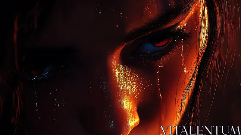 Sweat‑coated face in high‑contrast rim lighting with fiery eyes