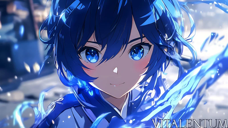 Blue-haired anime hero commands swirling water magic.