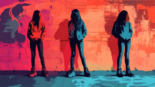 Urban silhouettes in neon hoodies against graffiti wall.