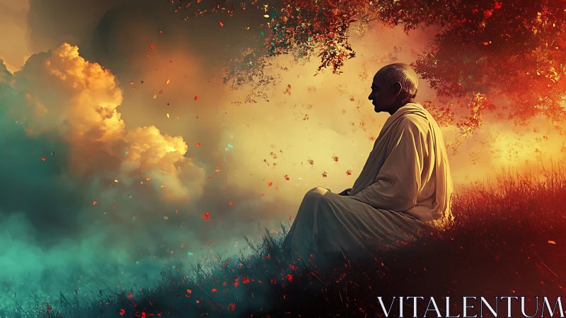 Digital painting of meditative figure in fiery atmospheric field.
