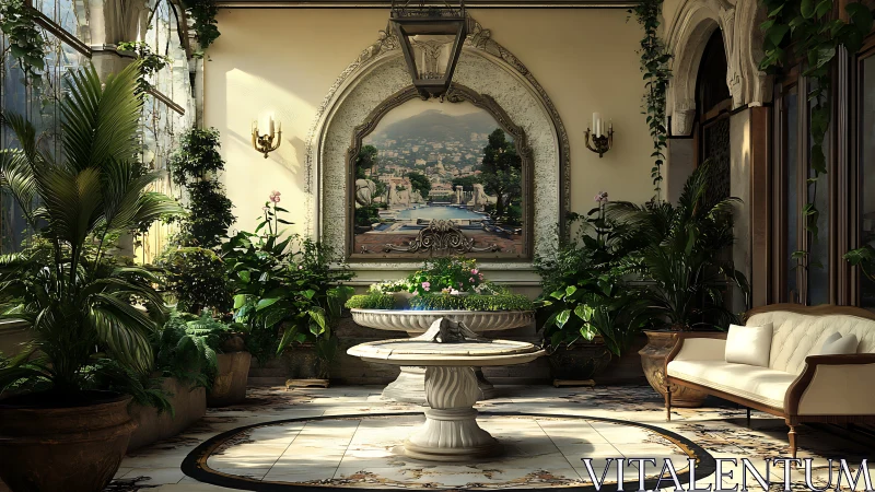 Sunlit indoor garden retreat with fountain and plush seating.