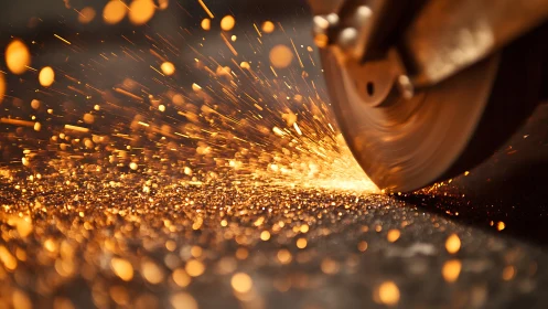 Photorealistic close-up of cutting wheel and cascading sparks.