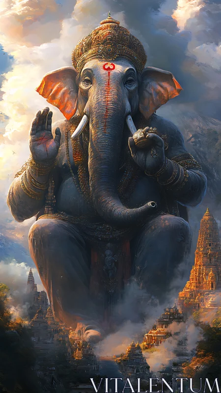 Colossal Ganesha deity rises above mist-covered temple city