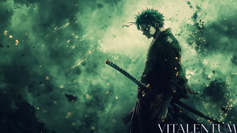 Solitary swordsman stands against turbulent green backdrop