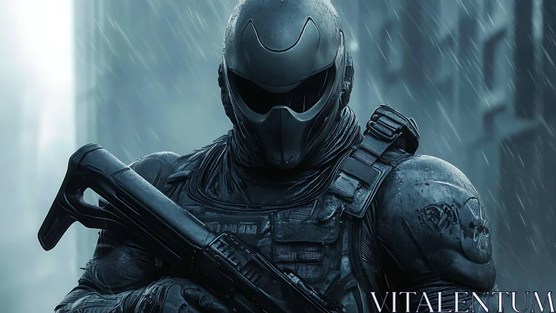 Rain-soaked urban sentinel in matte armor stands unshaken.