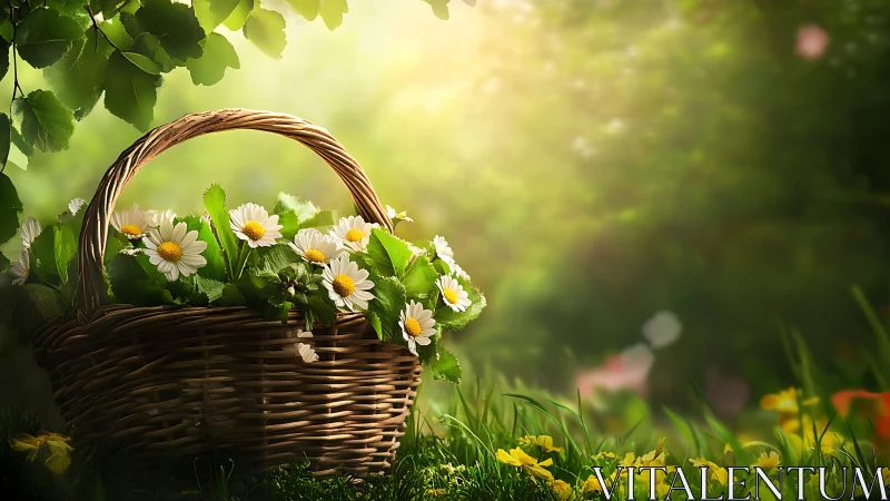 Wicker basket of daisies in sunlit woodland clearing.