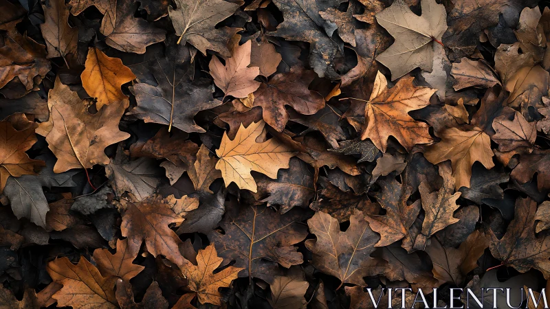 Photorealistic study of layered autumn oak leaf litter.