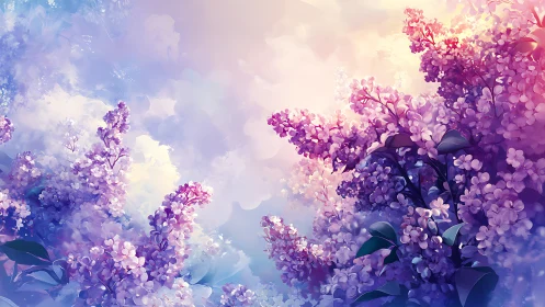 Lilac daydream garden blooming in pastel sunrise clouds.