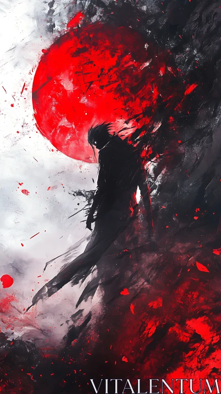 Silhouetted warrior dissolves before vast red eclipse sun