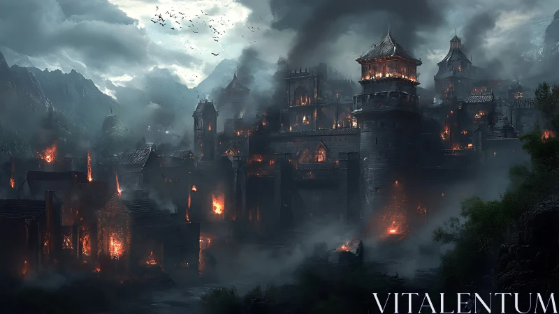 Medieval fortress city engulfed in widespread night fires.