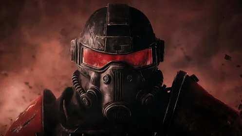 Armored trooper portrait with red visor and respirator mask rendered