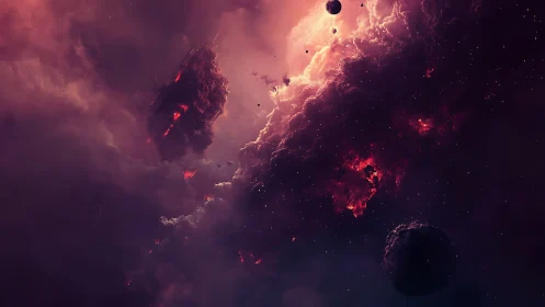 Stellar nebula storm with molten asteroids and crimson glow.