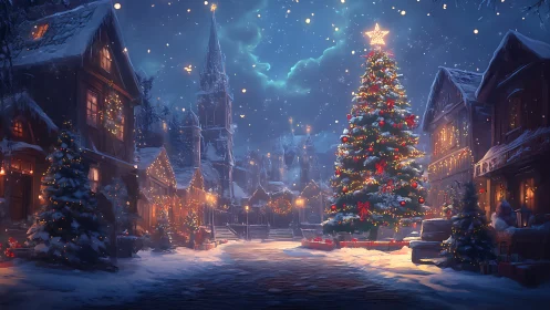 Snowlit village gathers as one towering Christmas tree glows