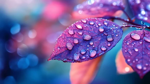 Iridescent raindrops shimmer on vivid purple leaves.