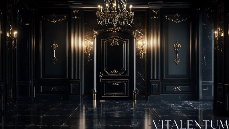 Opulent black marble hallway with gilded central door.