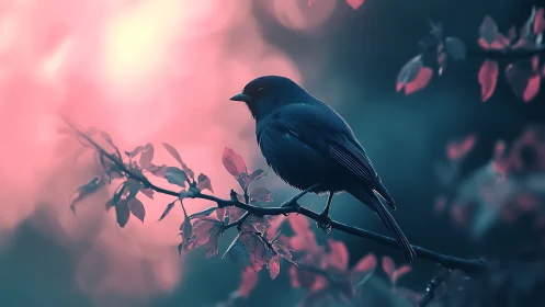 Serene Songbird on Branch in Dreamy Pink and Blue Tones.