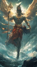 Winged sea guardian strides through swirling stormlight.