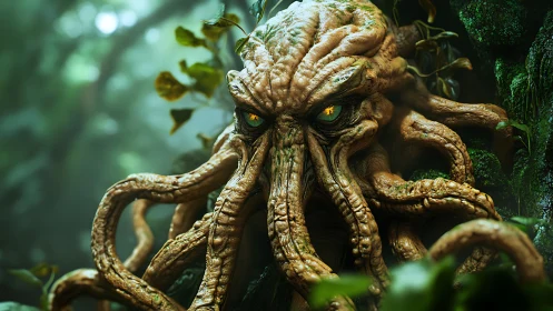 Jungle elder god coils in mossy gloom with watchful eyes.