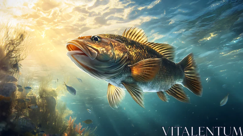 Sunlit bass surging through shimmering underwater lightscape.