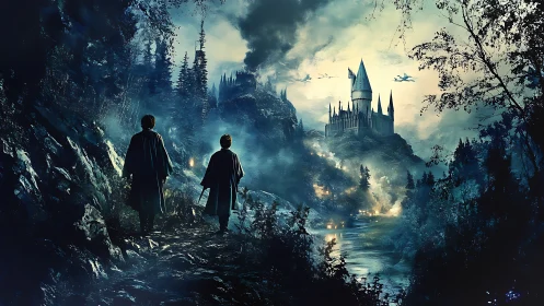 Nocturnal ascent toward fortified riverside fantasy citadel.