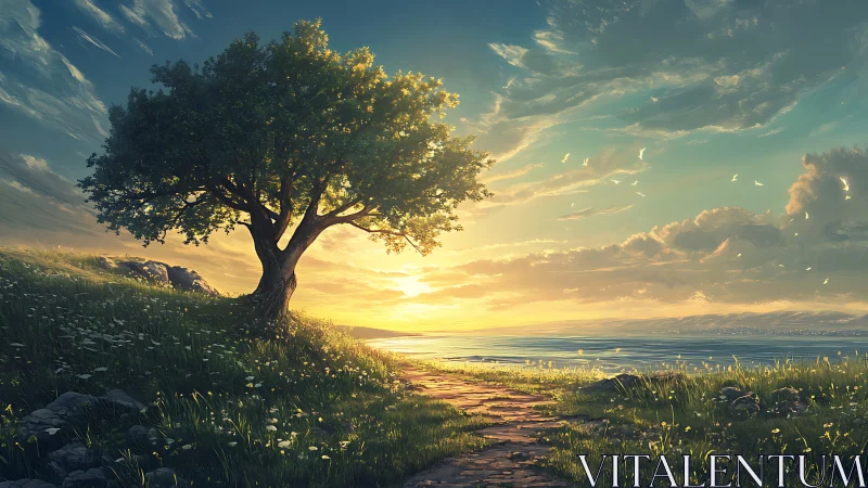 Solitary shoreline tree under radiant cinematic sunset sky.