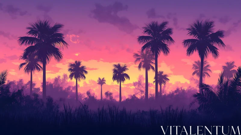 Sunset-soaked palm grove glows gently in soft tropical haze