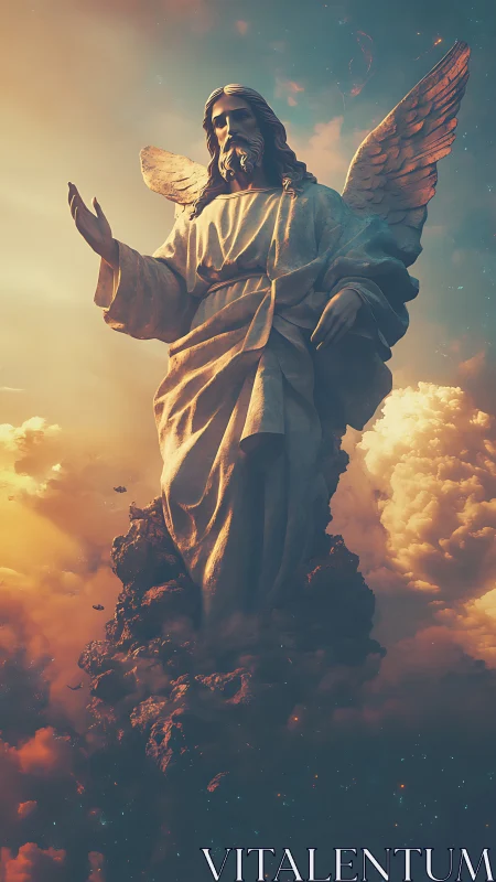Winged stone angel statue rises from clouds at sunset sky
