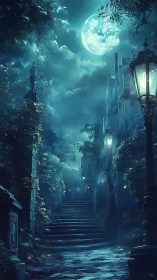 Moonlit ivy stairway whispers through the midnight mist.