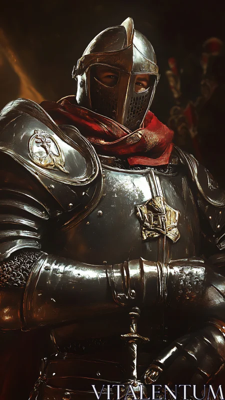 Armored medieval knight portrait in gleaming metal armor.