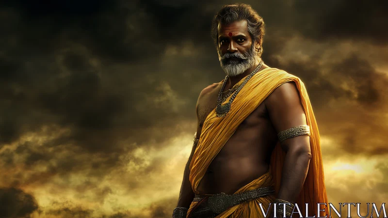 Stormlit sage-warrior in saffron robes under brooding skies.