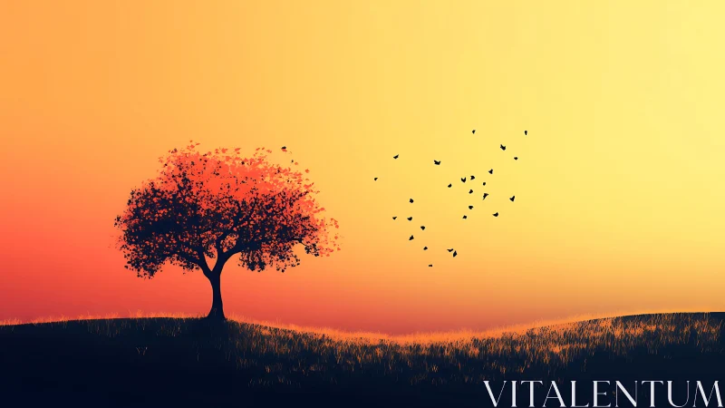 Solitary Tree at Sunset with Birds in Minimalist Art Style.