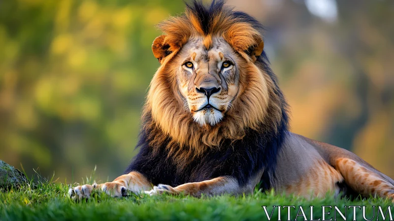 Majestic lion reclines in golden light on tranquil grassland