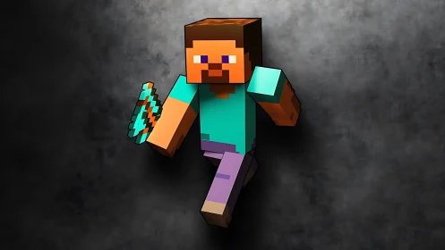 Blocky game character running with pixelated pickaxe.