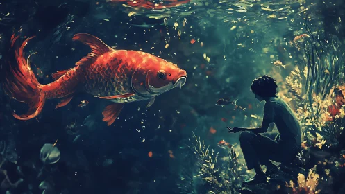 Underwater scene with large orange fish and seated figure.