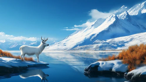 White stag beside alpine lake under crisp winter light.