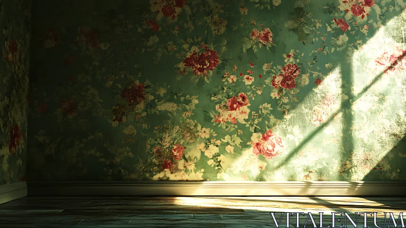 Sunlit floral wallpaper casts dramatic geometric shadows