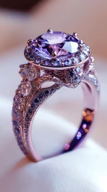 Lavender gemstone halo ring on rose gold pavé band.