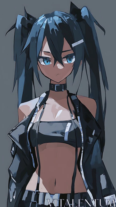 High-contrast cel-shaded anime girl in black leather streetwear